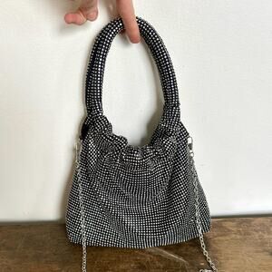 Vintage 90's Rhinestone Encrusted Slouchy Black Evening Bag with Shoulder Chain